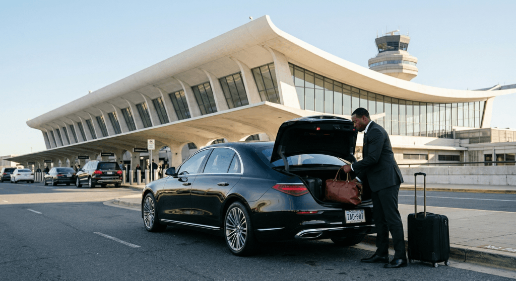 Dulles airport car service - luxury sedan at IAD terminal pickup