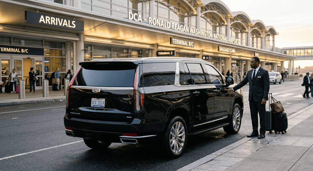 Reagan National Airport DCA car service pickup - black SUV at arrivals curb